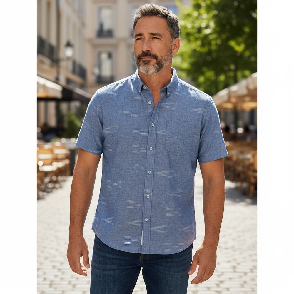 Distortion Mens Blue Ikat‎ Print Button Down Shirt S  Coastal Summer Resort